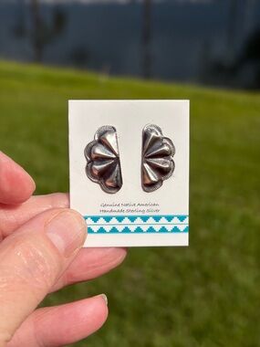 Joan Begay Sterling Silver Half Moon Concho Earrings